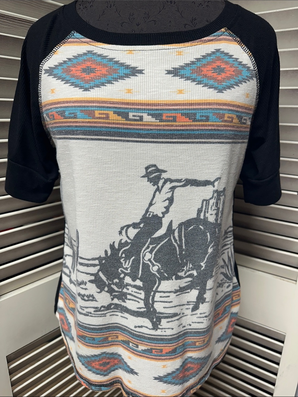 Women's Black-Sleeve Graphic Rodeo Tee with Southwestern Print